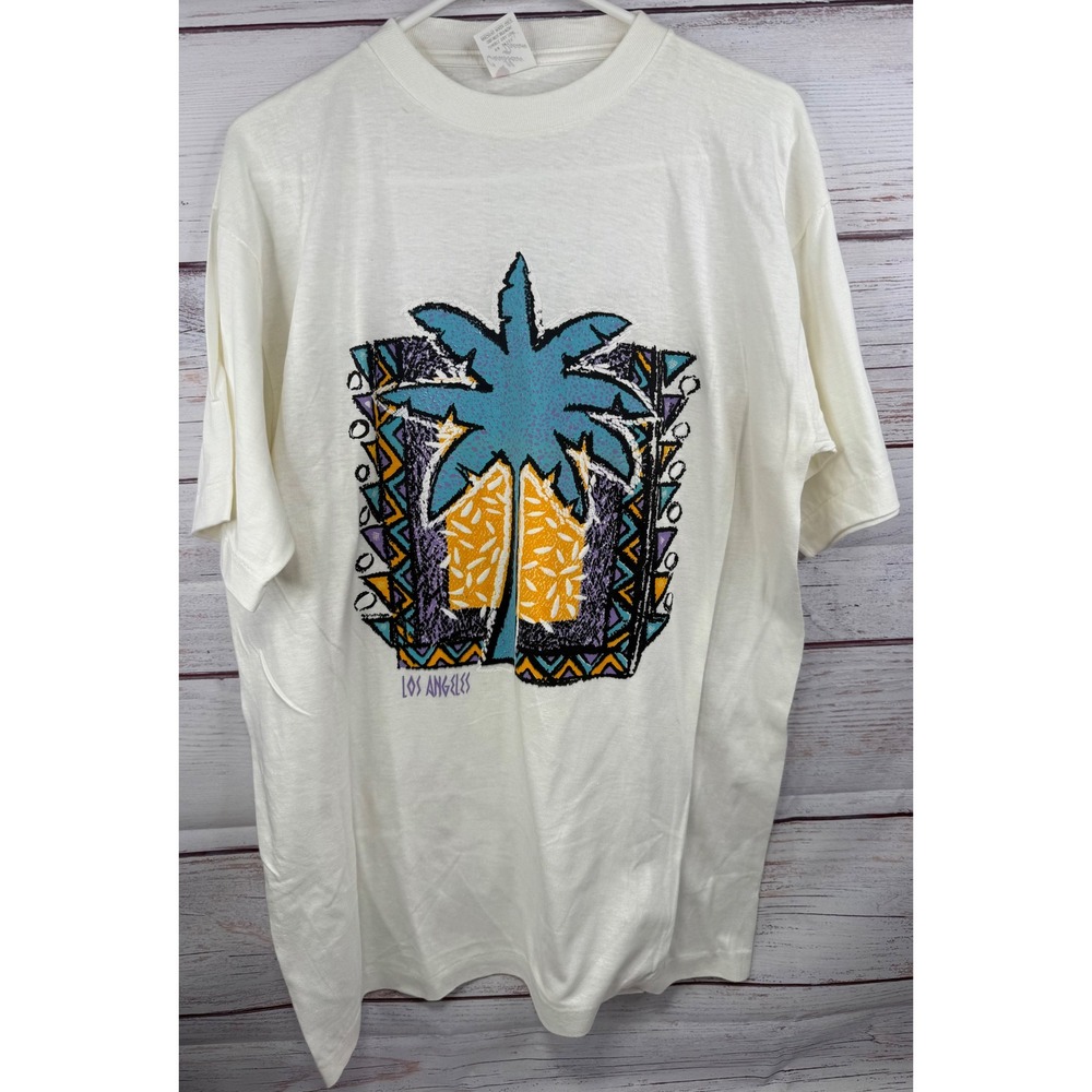 Vtg Single stitch Caribbean Dream LA Palm Tree Graphic T-Shirt White Mens Large